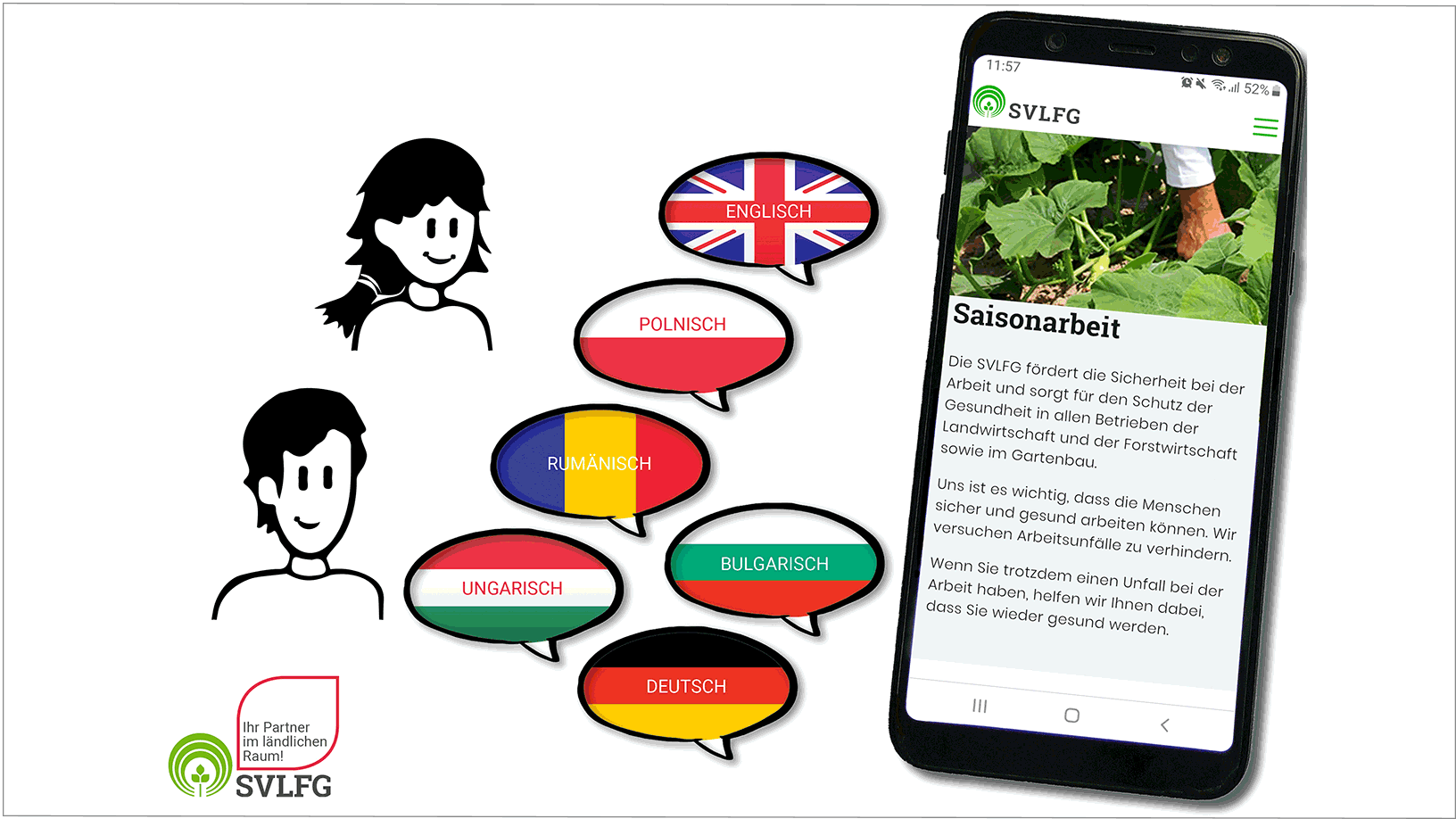 Vergrößerung des Bildes für Grafik. Auf einem Mobiltelefon ist die WEB-APP für Saisonarbeitskräfte geöffnet. Daneben sind Sprechblasen, die mit den Flaggen von der UK, Polen, Rumänien, Bulgarien, Ungarn und Deutschland gefüllt sind.  .