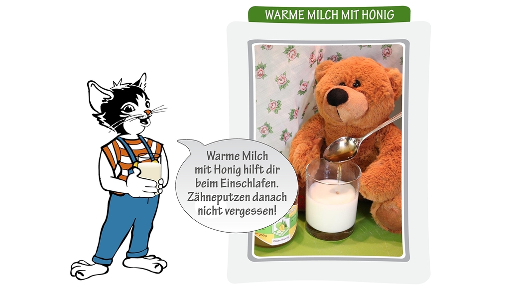 Vergrößerung des Bildes für Kater Moritz mit einem Glas Milch mit Honig - daneben Teddybär.