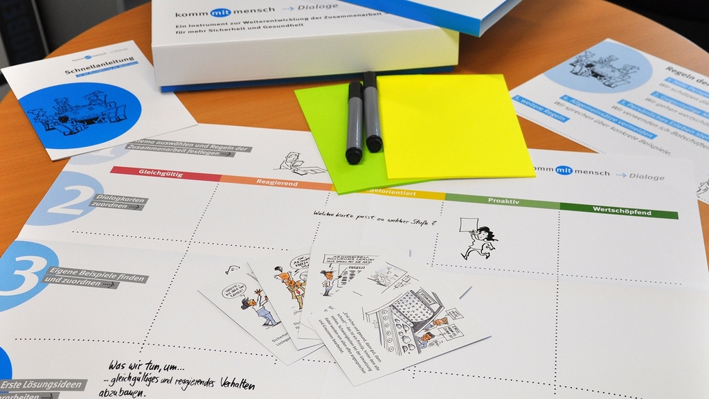 Vergrößerung des Bildes für Dialogbox mit Inhalt: Dialogkarten, Plakat, bunte Zettel und Kugelschreiber .